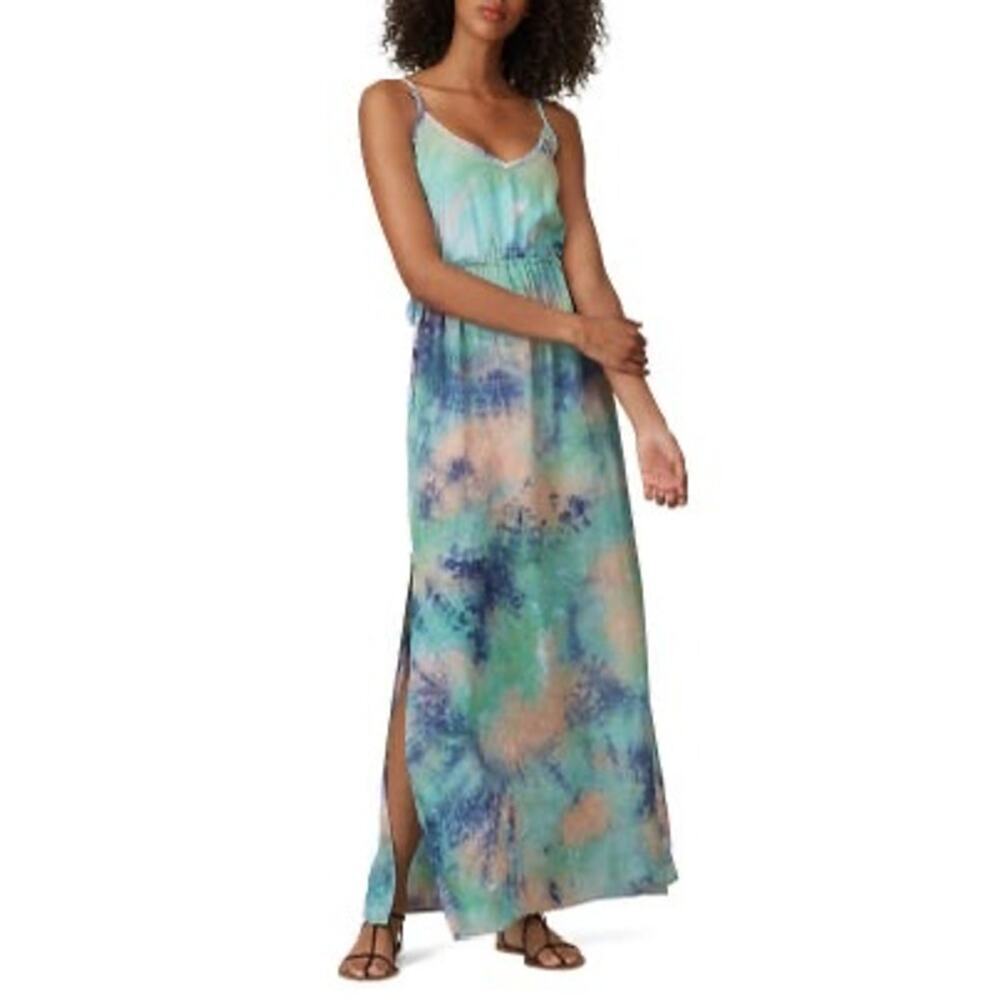 LOUNA Blue & Green Tie Dye Circle Cut Outs Mid Waist Mid Slit Maxi Dress size XL